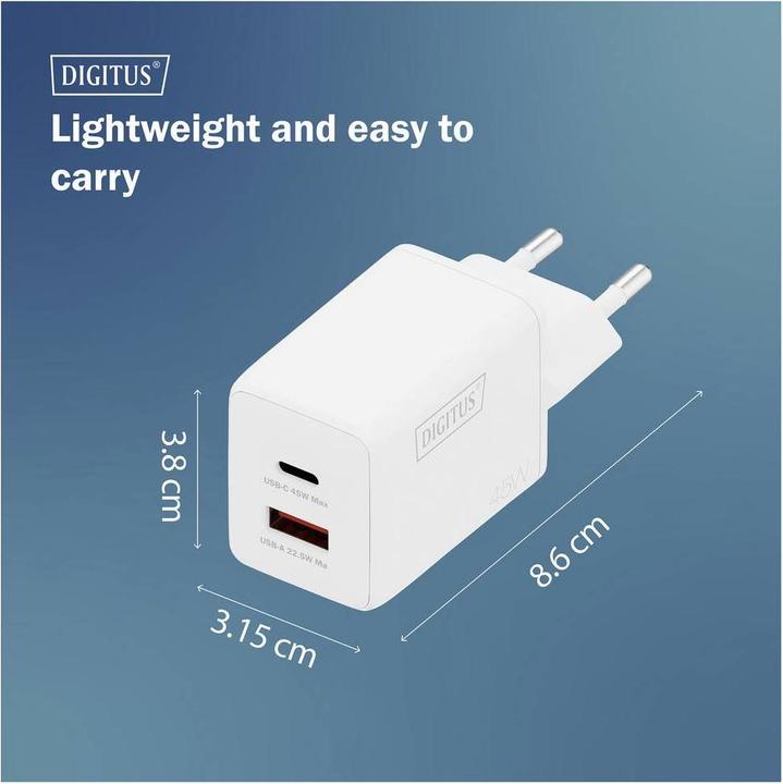 Actual product image Digitus USB GaN Charger 45W, 1x USB-C, 1x USB-A (45 W, 2 ports)