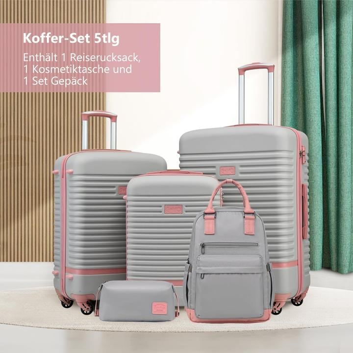Produktbild Coolife 5-teiliges Trolley-Set mit Reiserucksack und Kulturbeutel (93 l, Handgepäck (bis 50l), M (50 - 90l), L (90 - 115l))