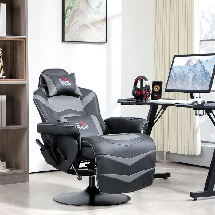 Produktbild Swisshandel24 Gaming Stuhl Massage, 360° Drehbar, Fussstütze, abnehmbare Kopfstütze, Kunstleder, Grau