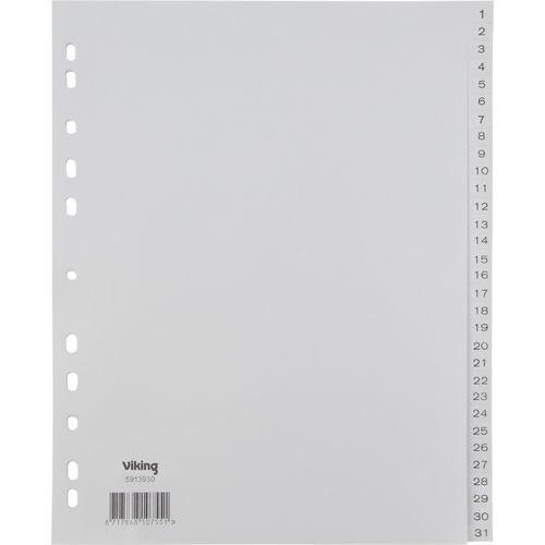 Office Depot, Ordner Zubehör, Zahlenregister 1-31 A4 Überbreite 120my grau 11fach gelocht