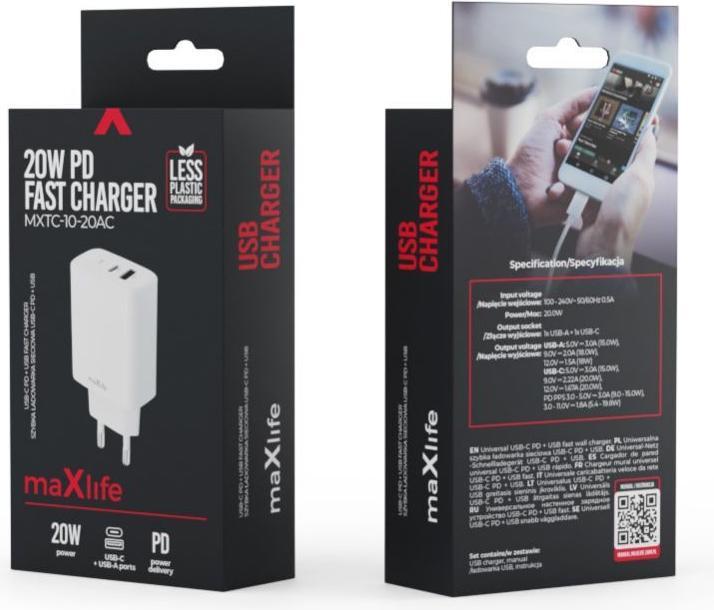 Produktbild Maxlife MXTC-10-20AC PD QC Ladegerät 1x USB-C 1x USB 20W weiss (20 W, 2 Ports)