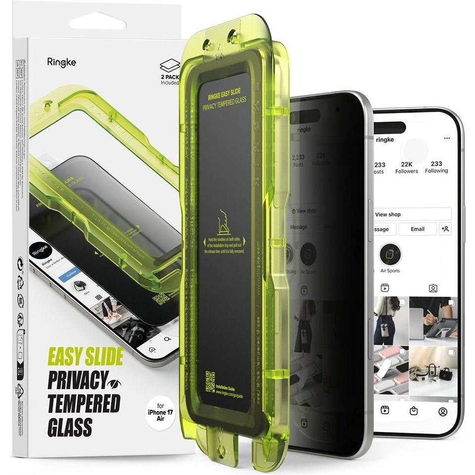 Ringke - Easy Slide Privacy Tempered Glass (2 pack) - iPhone 17 Air - Black (2 pz., Apple iPhone Air), Pellicola protettiva smartphone, Nero