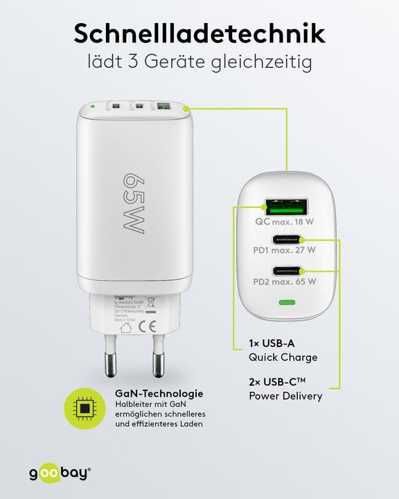 Produktbild Goobay USB-C PD 3-fach Multiport-Schnellladegerät 65 W weiss (65 W)