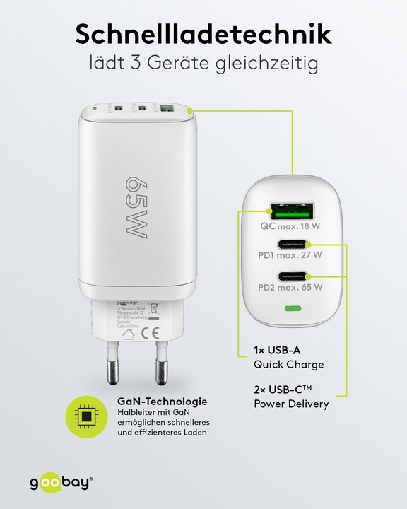 Immagine prodotto Goobay Caricabatterie rapido USB-C PD a 3 vie multiport 65 W bianco (65 W)