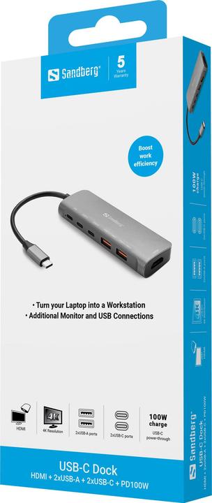 Actual product image Sandberg USB-C Dock HDMI+2xA+2xC+PD100W (USB-C, 5 ports)