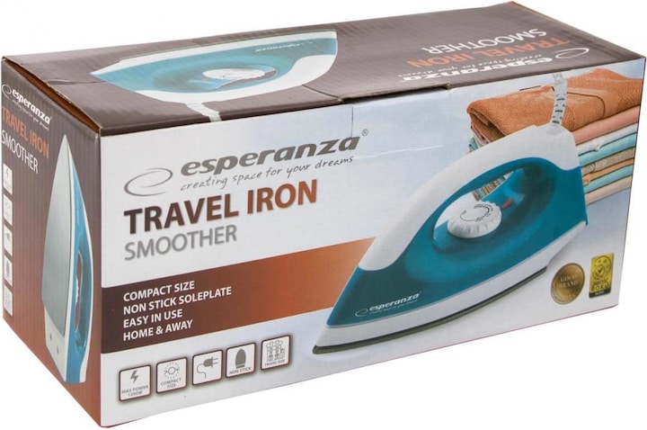 Image du produit Esperanza TRAVEL IRON SMOOTHER - Fer à repasser à sec - Plaque antiadhésive - 1,4 m - Bleu - Blanc (1200 W)