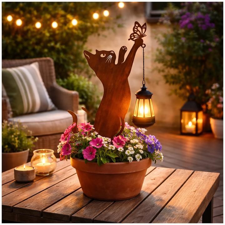 Produktbild HTI-Living Gartenstecker Katze mit Lampe Metall Rostoptik Gartendeko mit Laterne