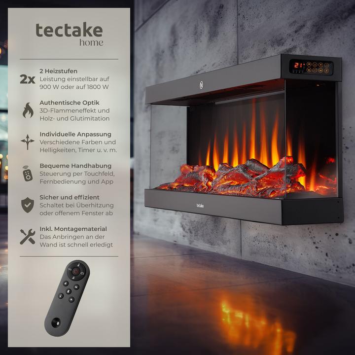 Image du produit tectake Elektro-Wandkamin Luciano, 2 Heizstufen, Flammeneffekt, App