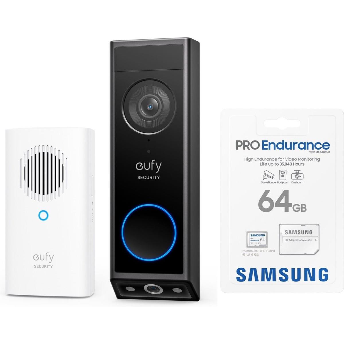 eufy, Campanello + Citofono, E340 2K Campanello video senza fili con suoneria + microSDXC 64GB Pro di Samsung - pacchetto