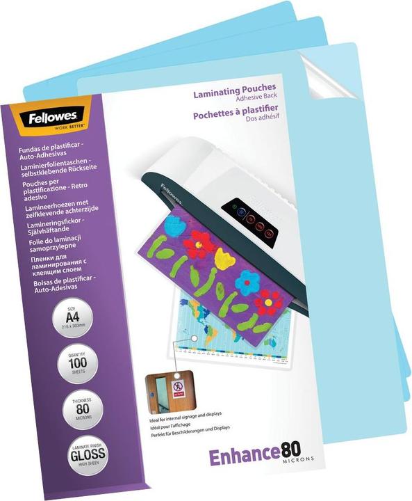 Produktbild Fellowes A4, 80 Mikron, selbsklebend (A4, 100 Stück, 80 µm)