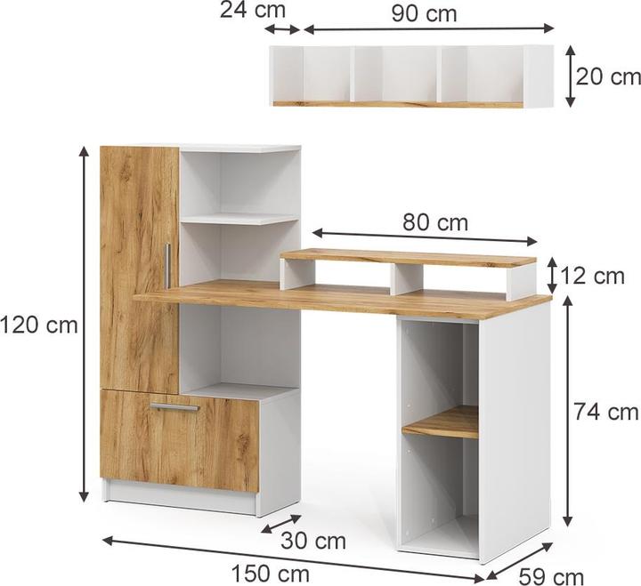Produktbild Vicco Schreibtisch Tomy, Weiss/Goldkraft Eiche, 150 x 59 cm 4er Set