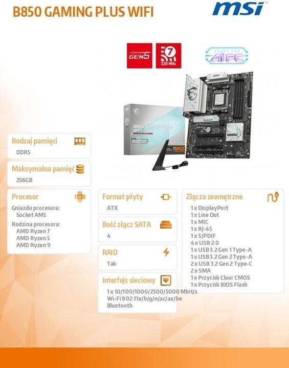 Produktbild MSI B850 GAMING PLUS WIFI (AM5, AMD B850, ATX)