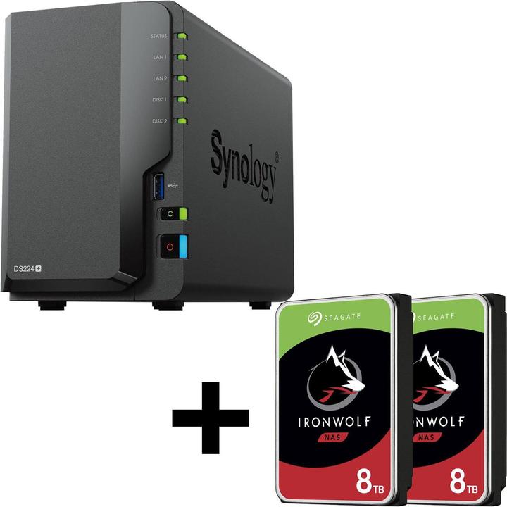 Productafbeelding Synology DiskStation DS224+ 2-bay NAS-server lege behuizing + 16TB (2x8TB) Seagate Ironwolf SATA (2 x 8 TB, Seagate Ironwolf)