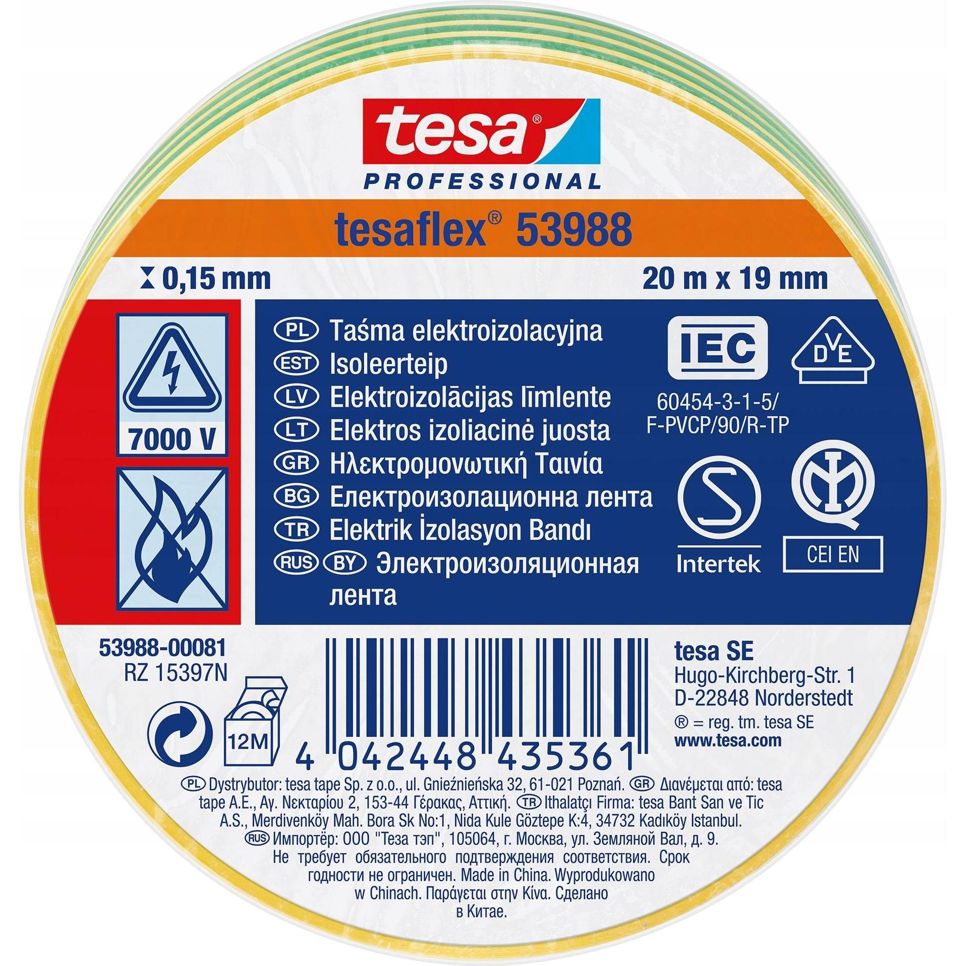 tesa, Klebeband, Elektrozol.5000V PVC 20m: 19mm grün-gelb (H5394899) Marke