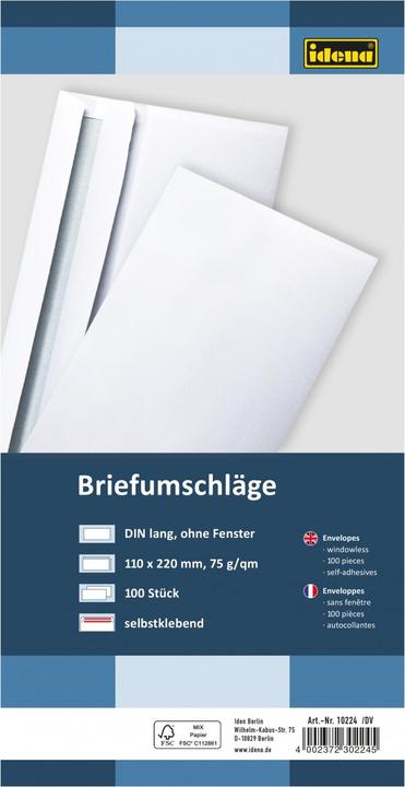 Image du produit Idena BU DL blanc 75g 100er sk o.F. FSC-Mix (DIN long (11 x 22 cm), 100 x)