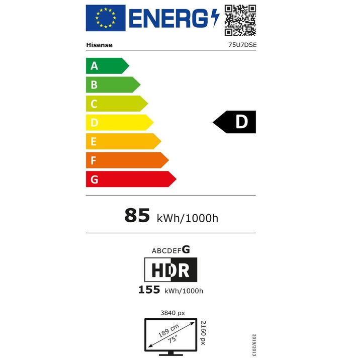 Energy Label Hisense TV 75U7DSE 75" Mini-LED 4K (75", LED, 4K)