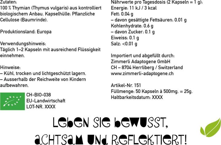 Produktbild Zimmerli Adaptogene Thymian Kapseln (BIO) 50 Kapseln (1 Stück, Kapseln, 25 g)