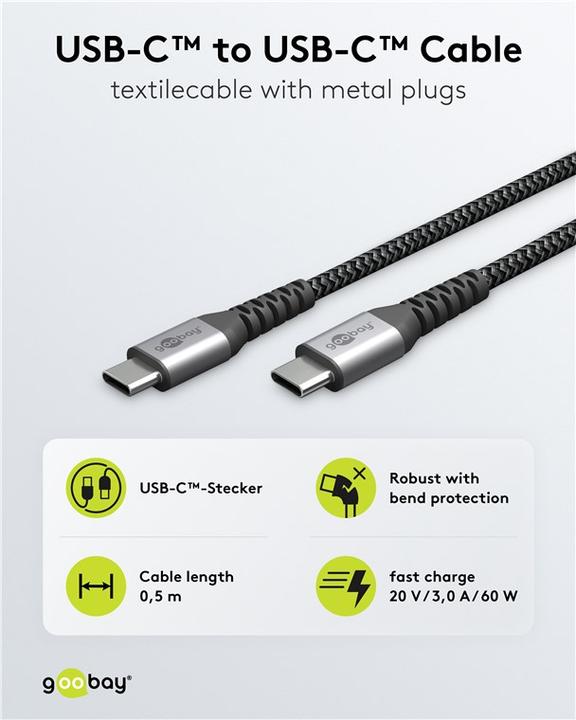 Immagine prodotto Goobay Cavo USB-C di, in tessuto, spina in metallo, extra robusto (0.50 m, USB 2.0, 50 W)