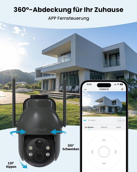 Produktbild IeGeek 2K 360° PTZ Überwachungskamera mit Solarbetrieb, Bewegungsmelder, Farb-Nachtsicht, 2-Wege-Audio