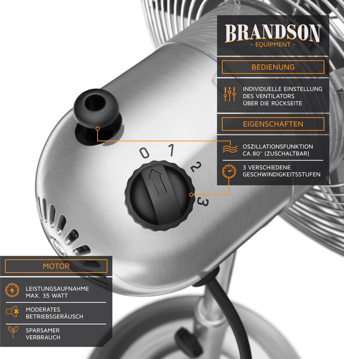 Produktbild Brandson Standventilator 34cm Ø, Oszillation 80°, Neigbar 30°, 35W, Standlüfter, silber (54 dB)