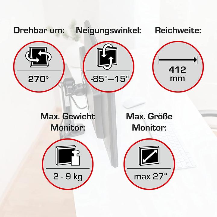 Produktbild Vantage Monitorarm single Gas 75x100 -9kg 27" schwarz (Tisch, 27", 9 kg)