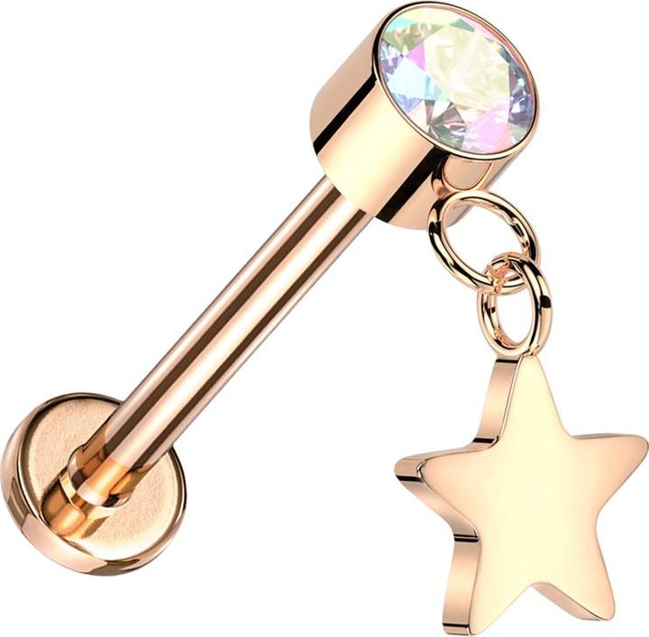 Image du produit Star Piercing Micro Threadless Labret or rose Cylindre or rose Cristal multicolore Pendentif étoile or rose (sans laiton, Titane)