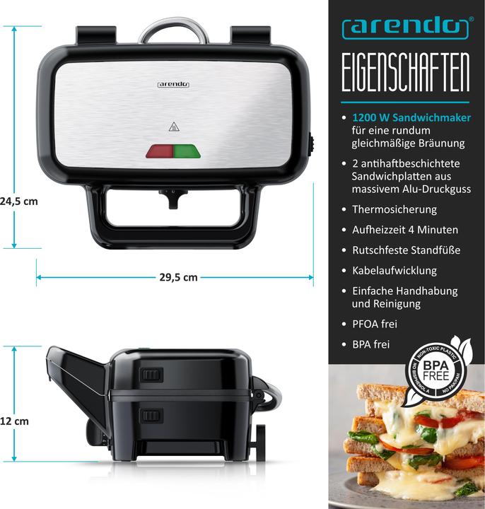 Produktbild Arendo Sandwichmaker 1200 W, Antihaftbeschichtung, Sandwichtoaster für große Toasts mit abnehmbaren Platten