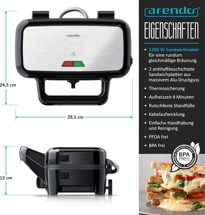Immagine prodotto Arendo Sandwich maker 1200 W, rivestimento antiaderente, tostapane per grandi toast con piastre rimovibili