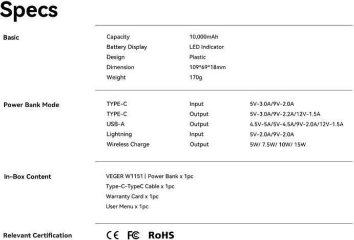 Nährwerte und Zutaten Veger MagON Charger (10000 mAh, 22.50 W, 37 Wh)