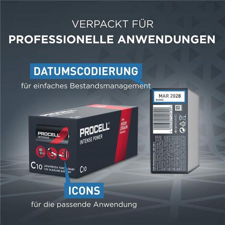Productafbeelding Duracell Batterij Alkaline, Baby, C, LR14, 1.5V Procell Intense, Kleinhandelsdoos (10-Pak) (10 Pcs., C / Baby / LR14 / R14, 7933 mAh)