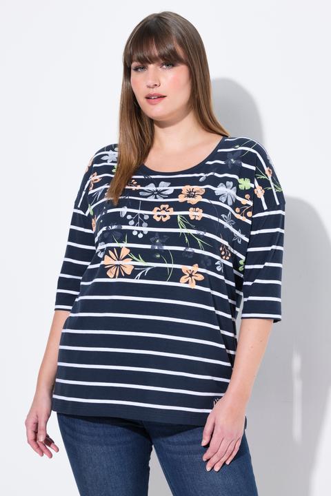 Produktbild Ulla Popken T-Shirt, Ringel, Blüten, oversized, Rundhals, Halbarm (62)