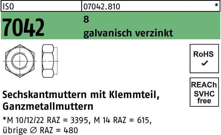 Produktbild Sechskantmutter ISO 7042 m.Klemmteil M 8 8 galvanisch verzinkt (M8)