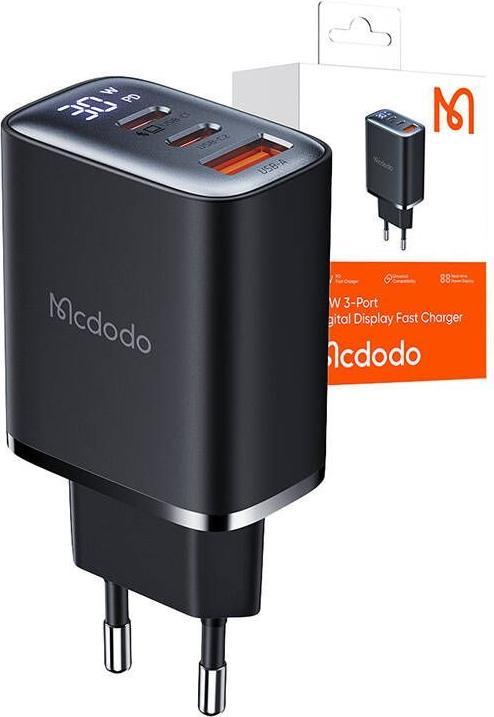 Actual product image Mcdodo CH-2180 2xUSB-C + USB-A, 30W mains charger with display (black) (30 W, 3 ports)
