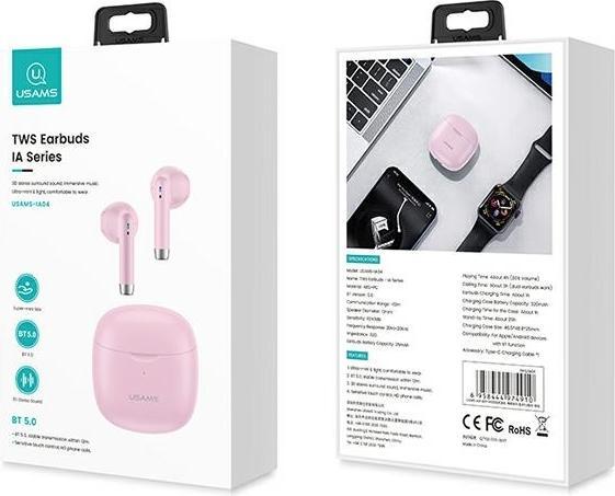 Actual product image Usams Słuchawki Bluetooth 5.0 TWS IA series bezprzewodowe różowy/pink BHUIA04 (US-IA04) (4 h, Wireless)