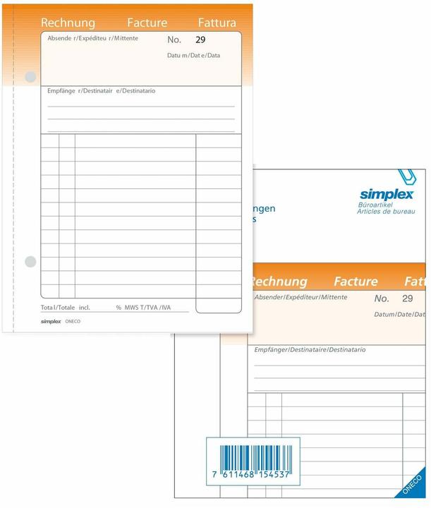 Actual product image Simplex Carbonless copybook Invoices Oneco (100x)