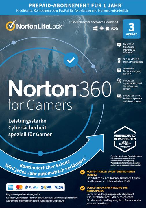 Produktbild NortonLifeLock 360 for Gamers Download (1 User, 3 Geräte/User, 12 Monate)