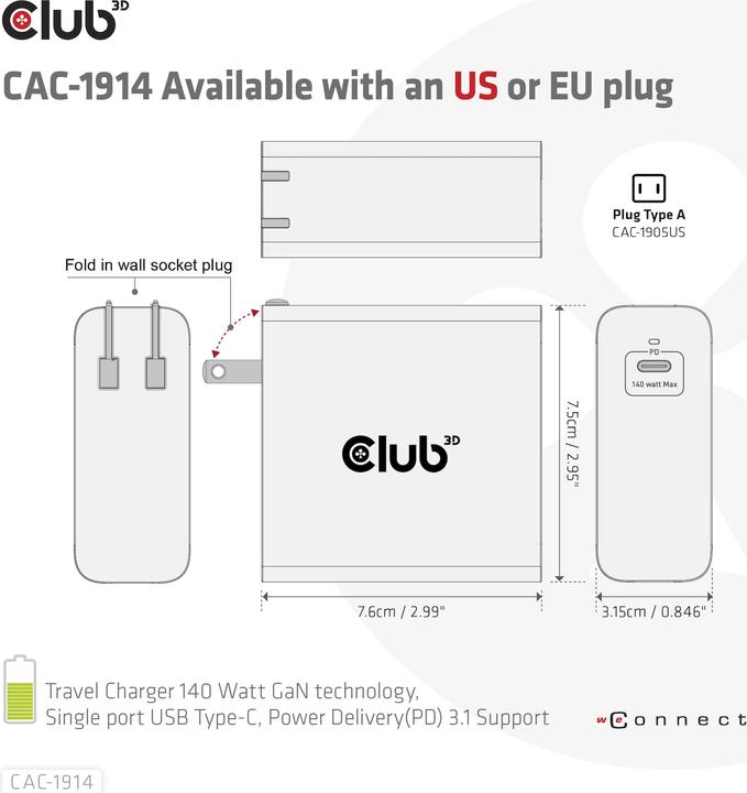 Actual product image Club 3D Club3D Charger 1xUSB Type C, PD 140W retail (140 W)