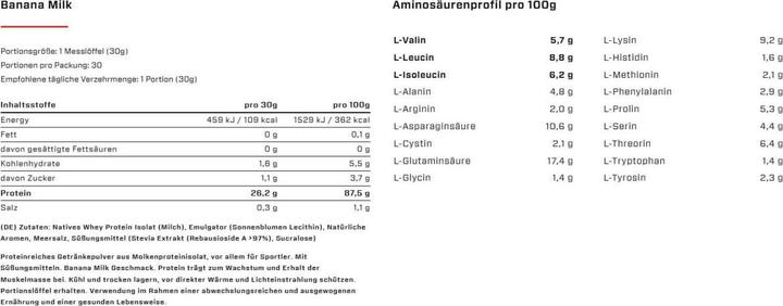 Nutritional values and ingredients Vast Sports AWhey - 100% Whey Protein Isolate, 900 g can (Banana Milk, 1 x, 900 g)