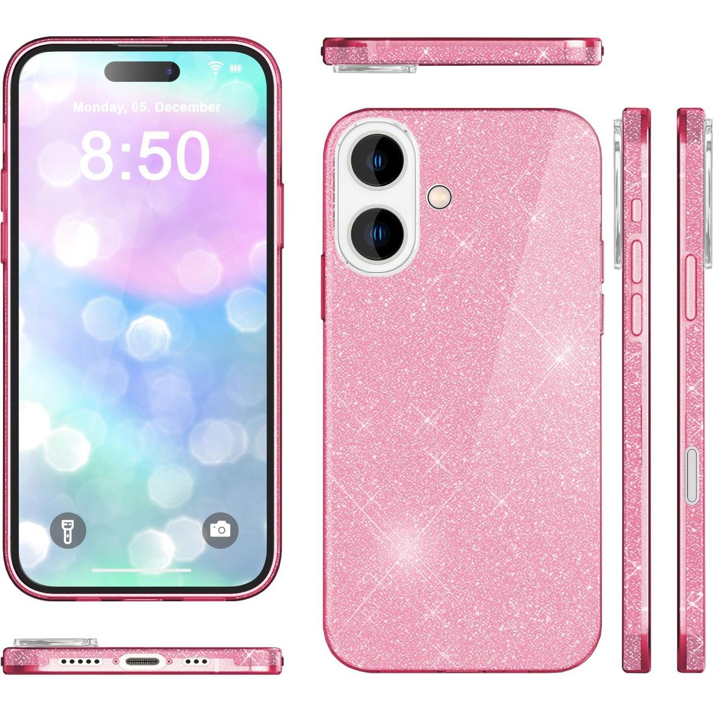 Nalia Glitzer Hybrid Hülle (Apple iPhone 16), Smartphone Hülle, Pink
