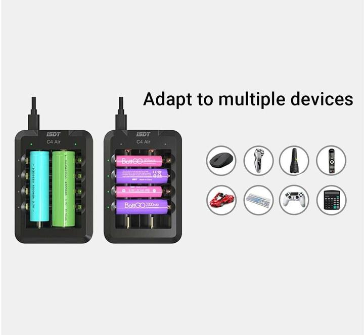 Image du produit Isdt Chargeur C4 Air USB-C, pour NiMH & Li-ion (1 pcs, 10440, 10500, 12500, 13500, 14500, 14650, 16650, 17650, 17670, 18650, 18700, 20650, 20700, 21700, 22650, 26650, AAA, AA, Chargeurs sans batterie)