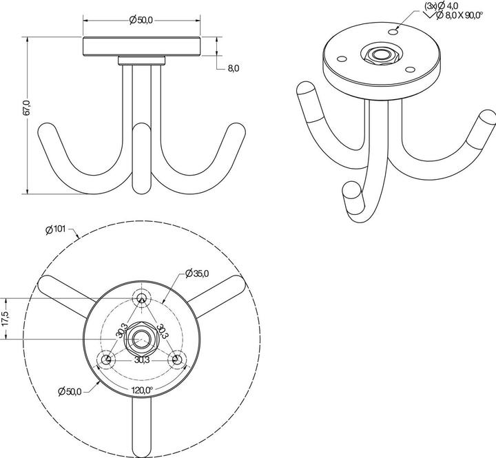 Produktbild Simausrom Dreifach-Haken Canis drehbar, Höhe 67 mm, Edelstahl gebürstet