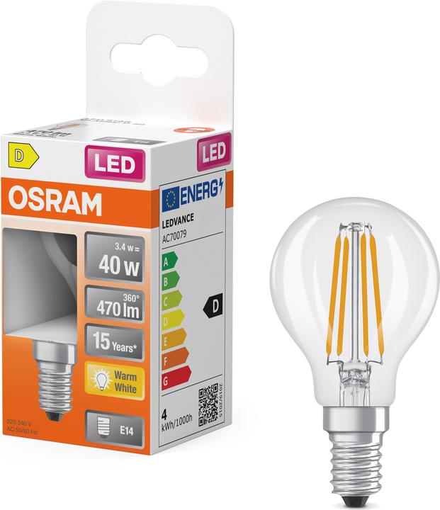 Produktbild Osram LED Leuchtmittel LED Retrofit CLASSIC P 3.4W 827 Clear E14 Warm weiss 4099854468759 (E14, 470 lm, 6 x)