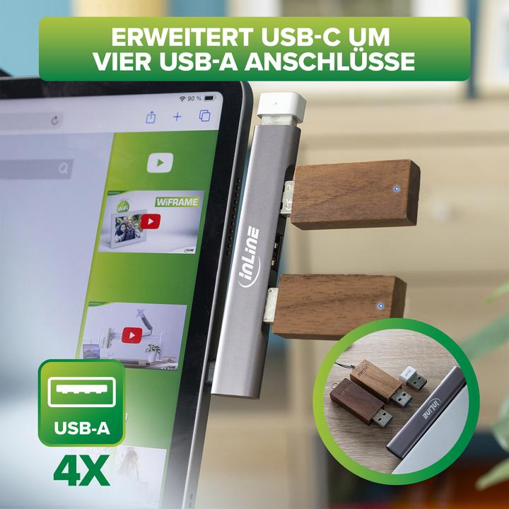 Actual product image InLine Slim USB-C hub, 4-port, USB 3.0 + 3x USB 2.0, slim design (USB-C, 4 Ports)