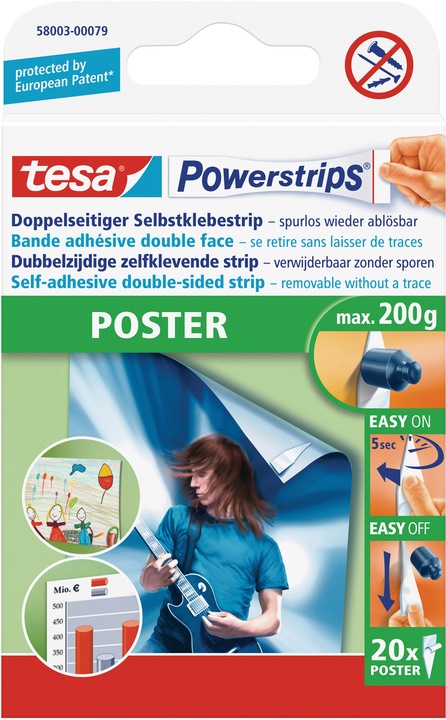 tesa Powerstrips POSTER, 200g holding power, 20x double-sided adhesive strips (0.20 kg)