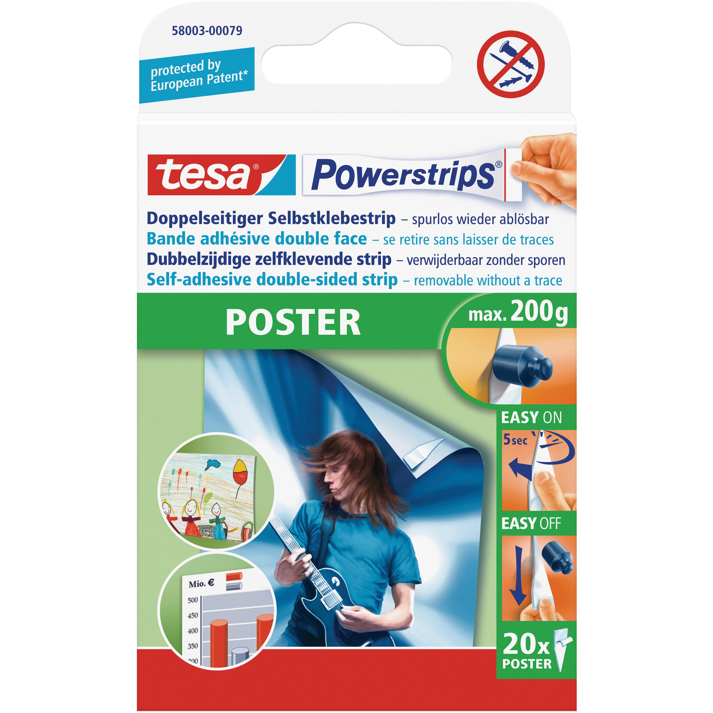 tesa, Fotokleber + Posterkleber, Powerstrips POSTER, 200g Halteleistung, 20x doppelseitige Klebestreifen (0.20 kg)