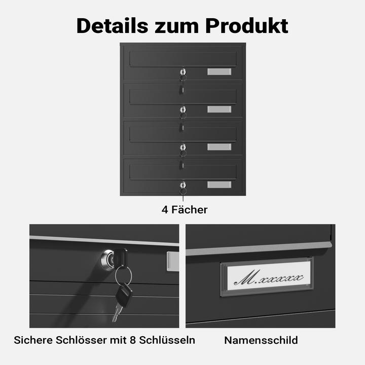 Produktbild Wiltec 4er Briefkastenanlage schwarz 270x513x1500mm Standbriefkasten Briefkasten