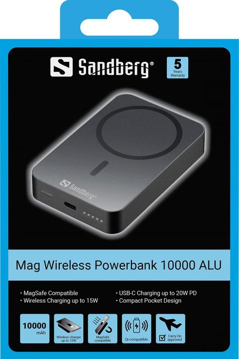 Produktbild Sandberg Mag Wireless Powerbank 10000 ALU (10000 mAh, 20 W, 37 Wh)