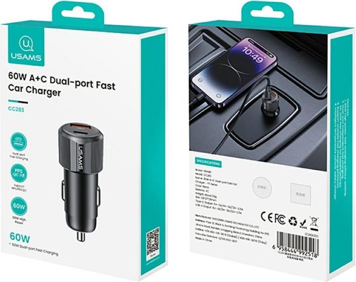 Produktbild Usams CC283 60W A+C Dual-port Fast Car Charger - YT Series Black