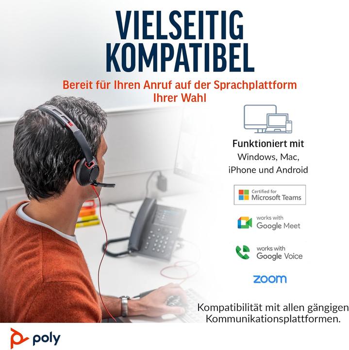 Produktbild Poly Schnurgebundenes Headset Blackwire 5210 mit Noise Cancelling-Mikrofon (Kabelgebunden, USB-A, USB-C, Google Meet, Microsoft Teams, Zoom)