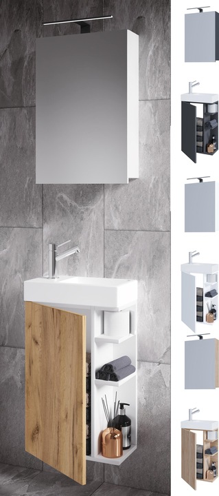Produktbild VCM 3-tlg Badmöbel Set Gäste WC Gästebad Waschplatz Waschtisch klein schmal Lumia Spiegelschrank
